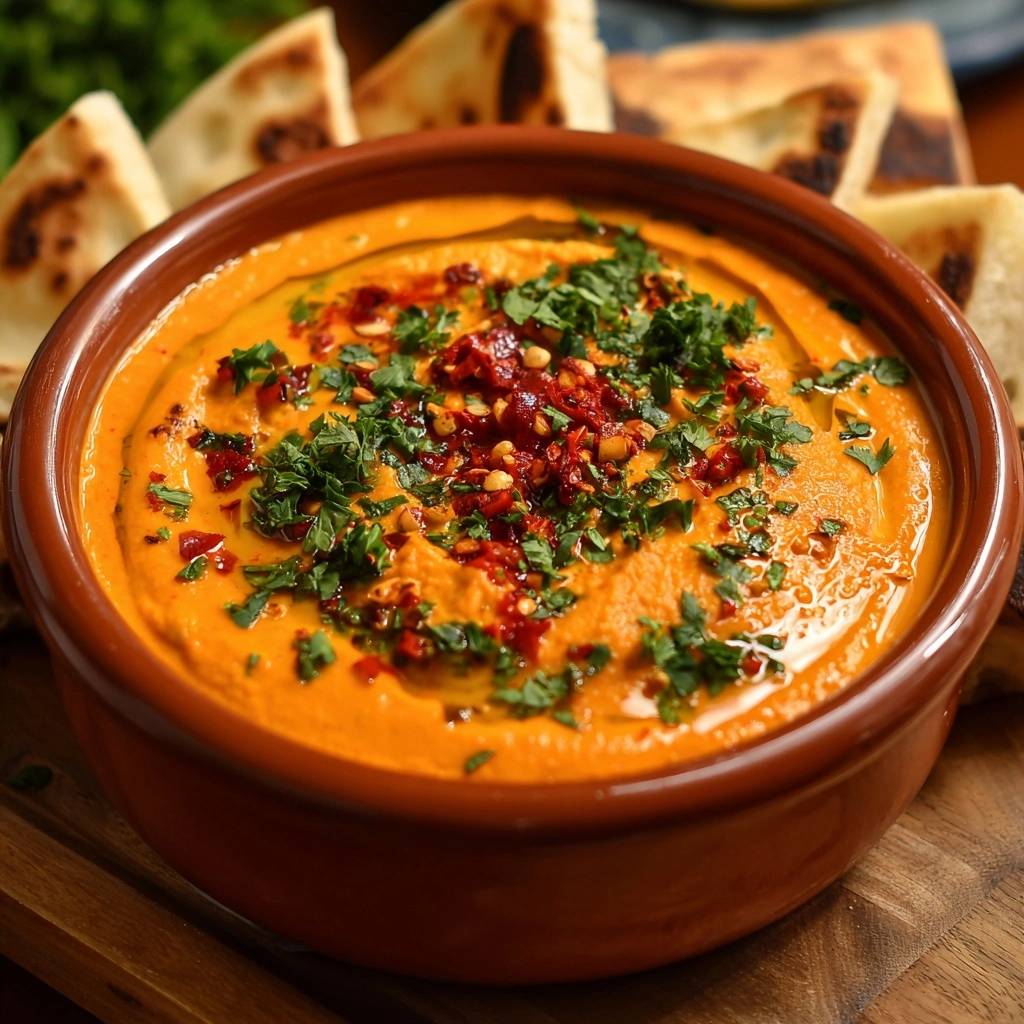 Cremiger Karotten-Hummus mit Pita, garniert mit frischer Petersilie und Chili-Flocken, in einer braunen Schale serviert.