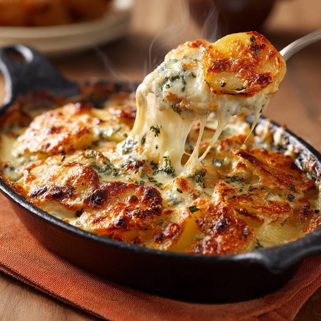 Cremiger Kartoffelauflauf mit Kräuter-Käsekruste, bei dem geschmolzener Käse von einer Gabel gezogen wird.