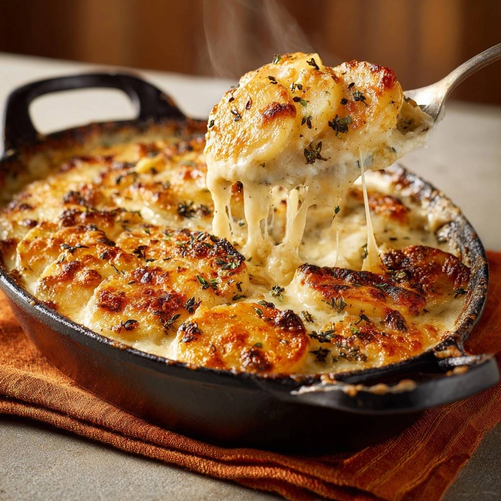 Cremiger Kartoffelauflauf mit Kräuter-Käsekruste, der mit geschmolzenem Käse aus einer Auflaufform gehoben wird.
