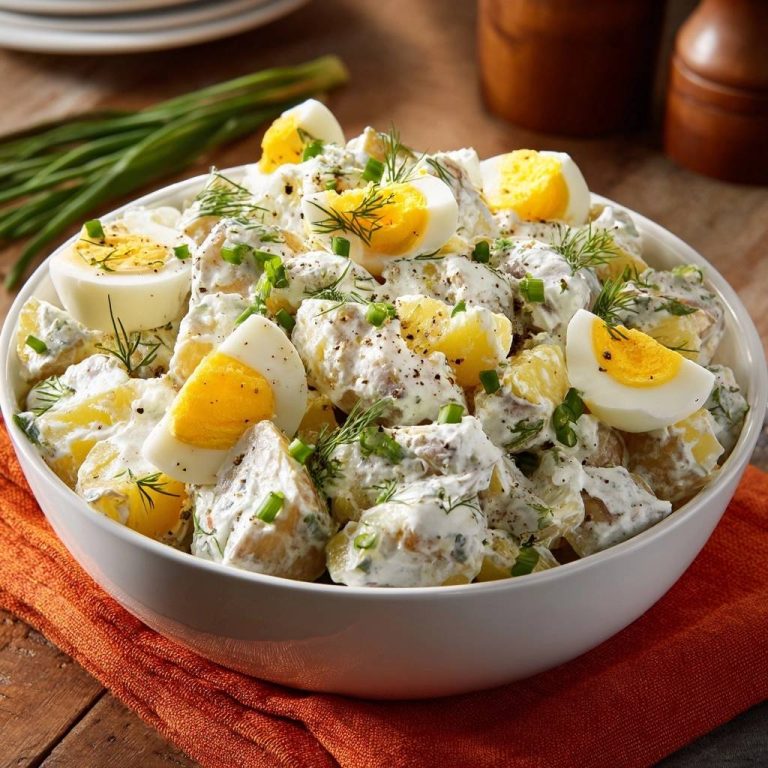 Cremiger Dill-Kartoffelsalat mit Ei, garniert mit frischen Kräutern und hartgekochten Eiern in einer weißen Schüssel.