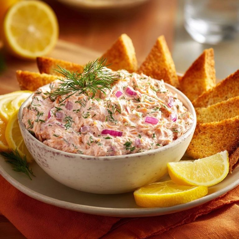 Cremiger Lachs-Dill-Dip serviert in einer Schüssel mit Toast und Zitronenspalten auf einem Teller.