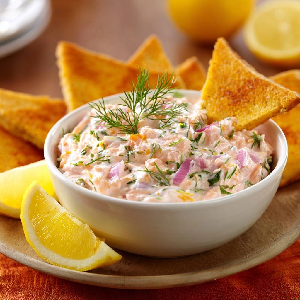Cremiger Lachs-Dill-Dip nah aufgenommen mit geröstetem Toastbrot und frischen Zitronenspalten.