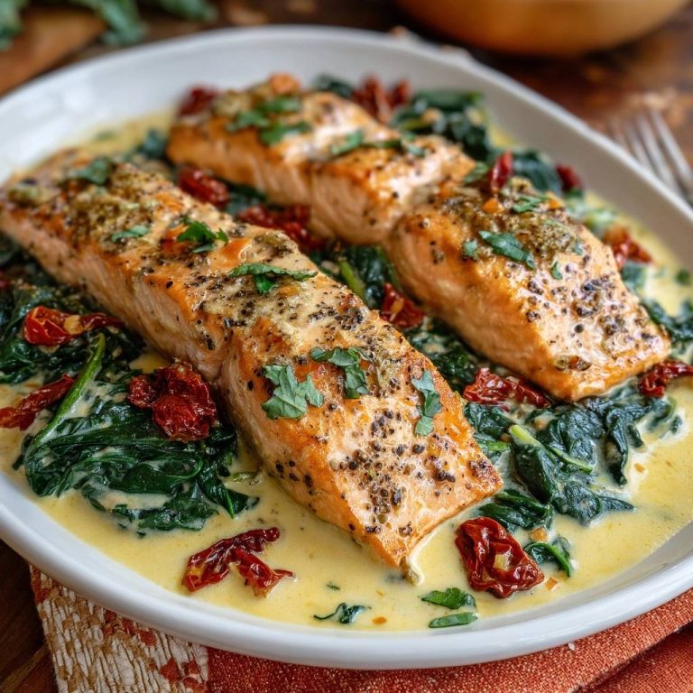 Cremiger Spinat-Lachs mit getrockneten Tomaten, serviert in einer cremigen Sauce, Nahaufnahme