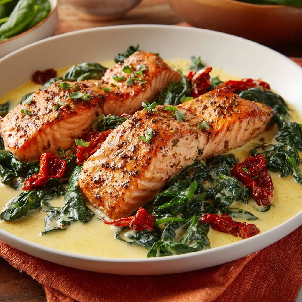 Cremiger Spinat-Lachs mit getrockneten Tomaten, serviert in einer cremigen Sauce, Nahaufnahme des saftigen Lachses und des Gemüses.