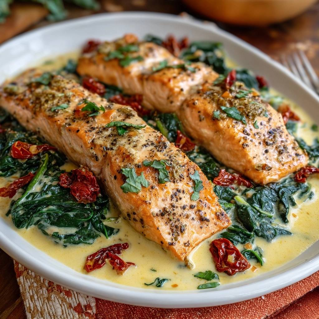 Cremiger Spinat-Lachs mit getrockneten Tomaten, serviert in einer cremigen Sauce, Nahaufnahme