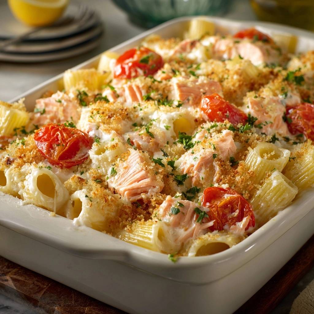 Cremiger Lachs-Rigatoni-Auflauf mit knuspriger Kruste und frischer Petersiliengarnitur, nahaufnahme