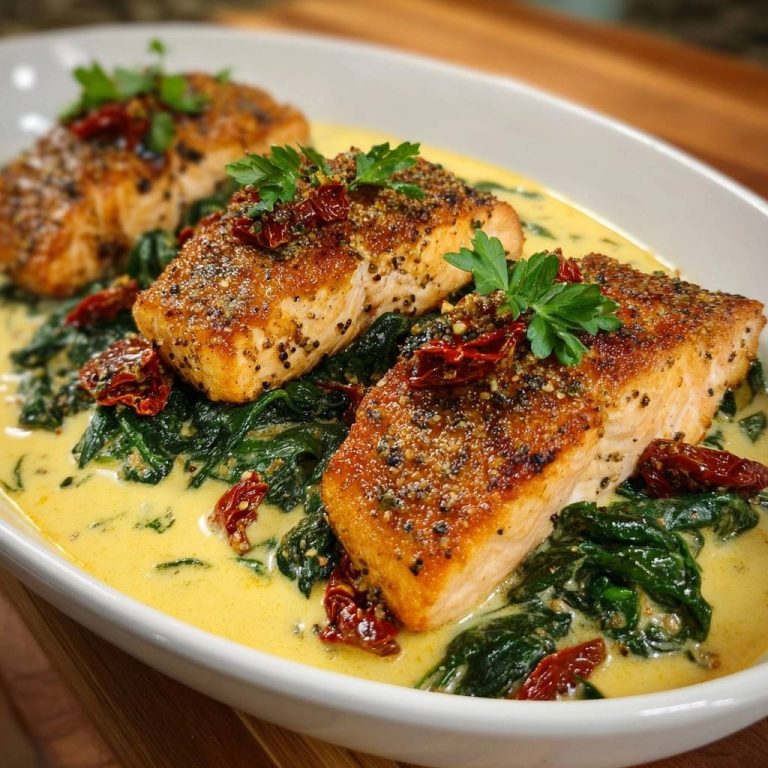Cremiger Lachs-Spinat mit Tomaten, serviert in einer ovalen Schüssel mit drei perfekt gebratenen Lachsfilets und cremiger Sauce.