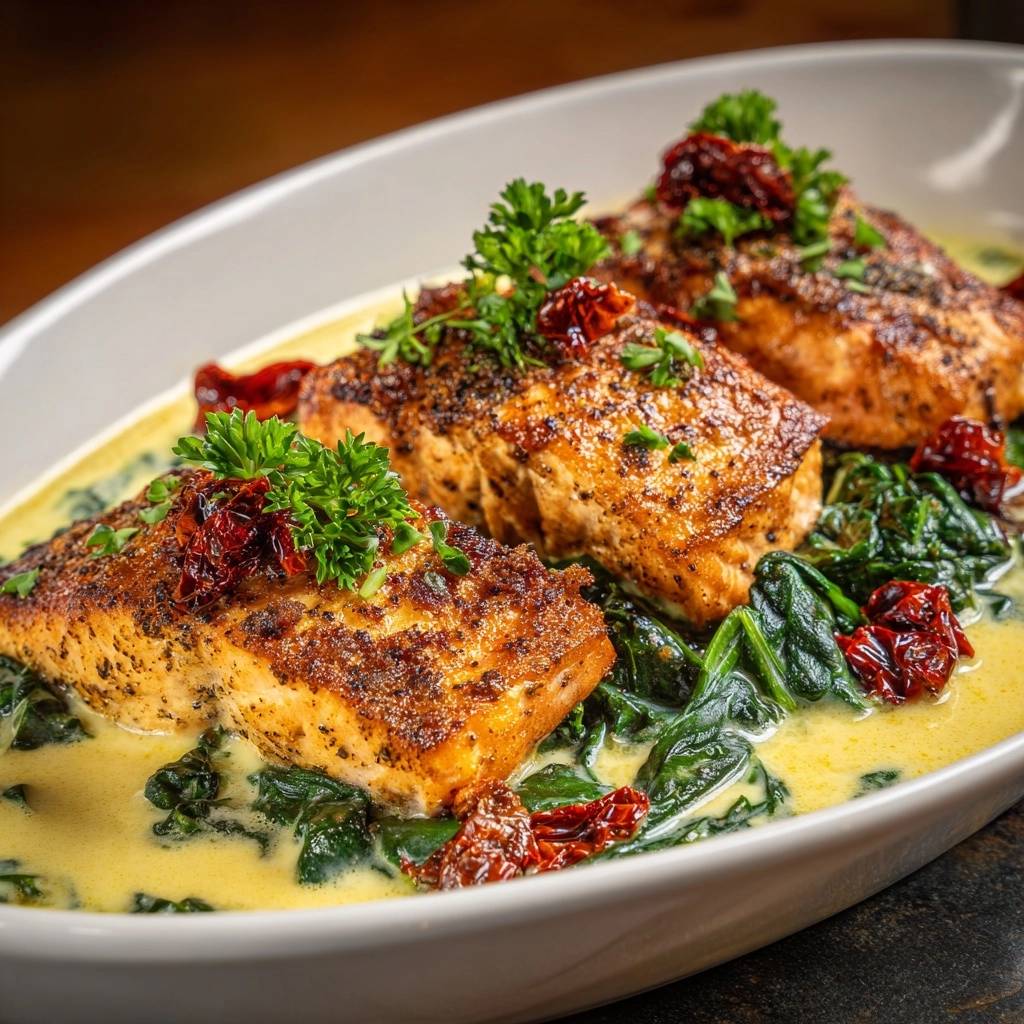 Cremiger Lachs-Spinat mit Tomaten, serviert mit frischer Petersilie und sonnengetrockneten Tomaten als Garnitur.