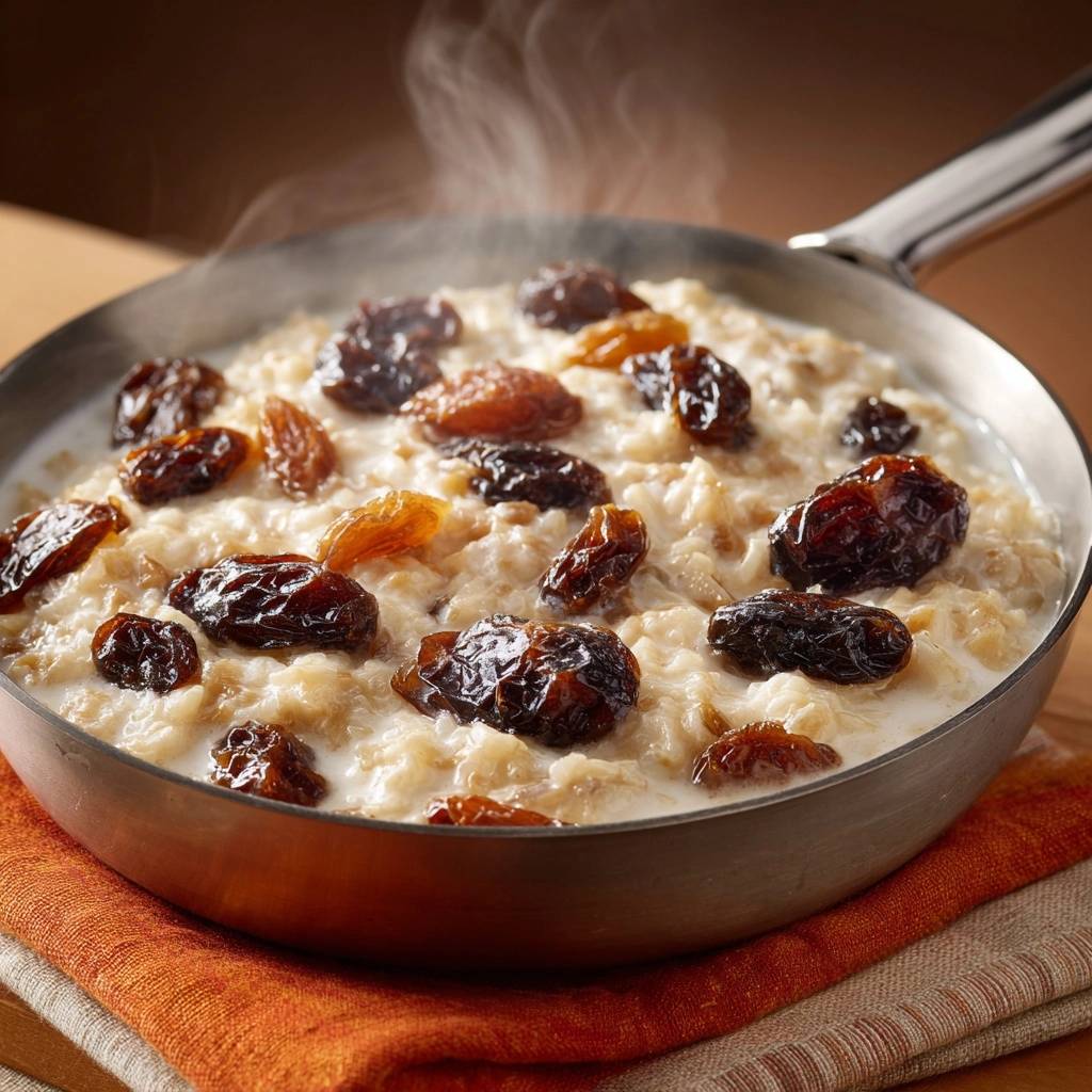 Cremiger Milchreis mit Rosinen, der dampfend in einer Pfanne serviert wird und eine warme, einladende Mahlzeit darstellt.