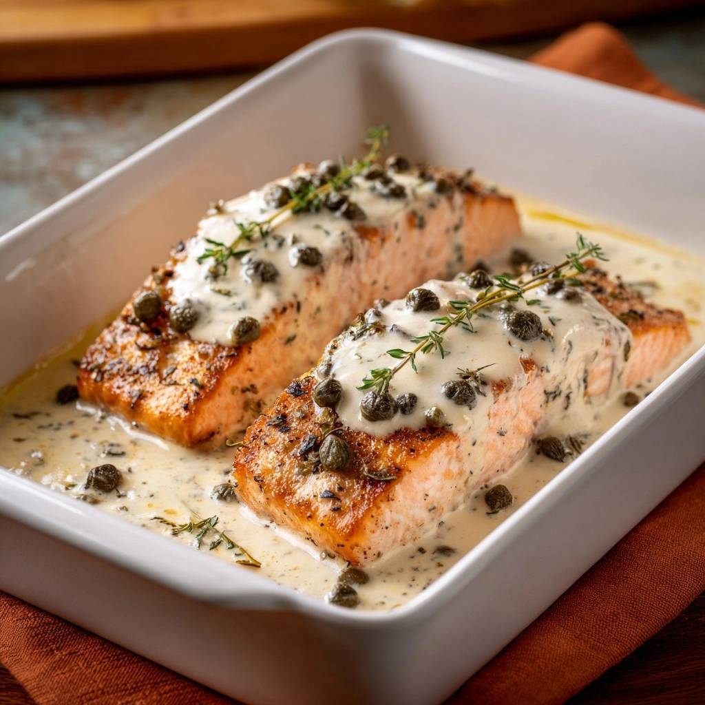 Cremiger Ofenlachs mit Kapern und Thymian, nahaufnahme der cremigen Sauce und der Garnitur