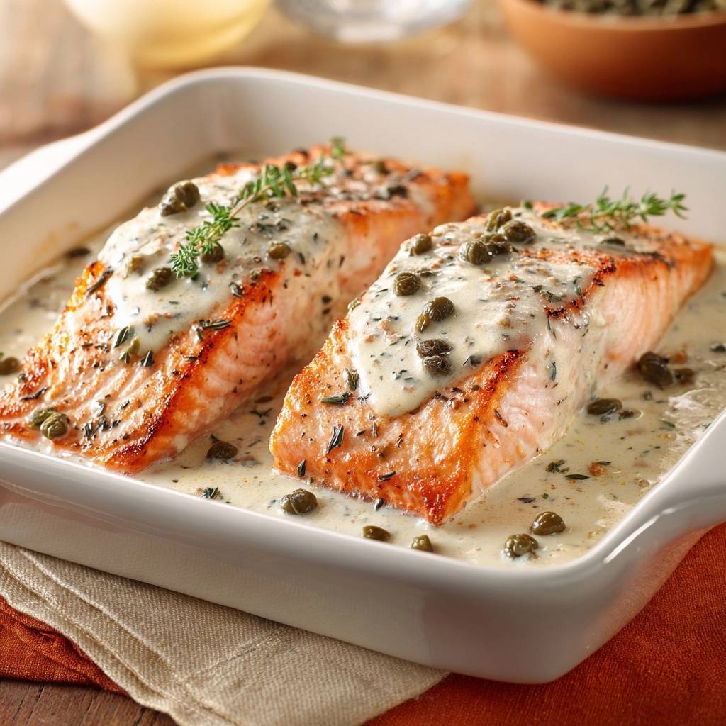 Cremiger Ofenlachs mit Kapern und Thymian, Nahaufnahme der saftigen Lachsfilets mit cremiger Soße und Kapern in einer Auflaufform.