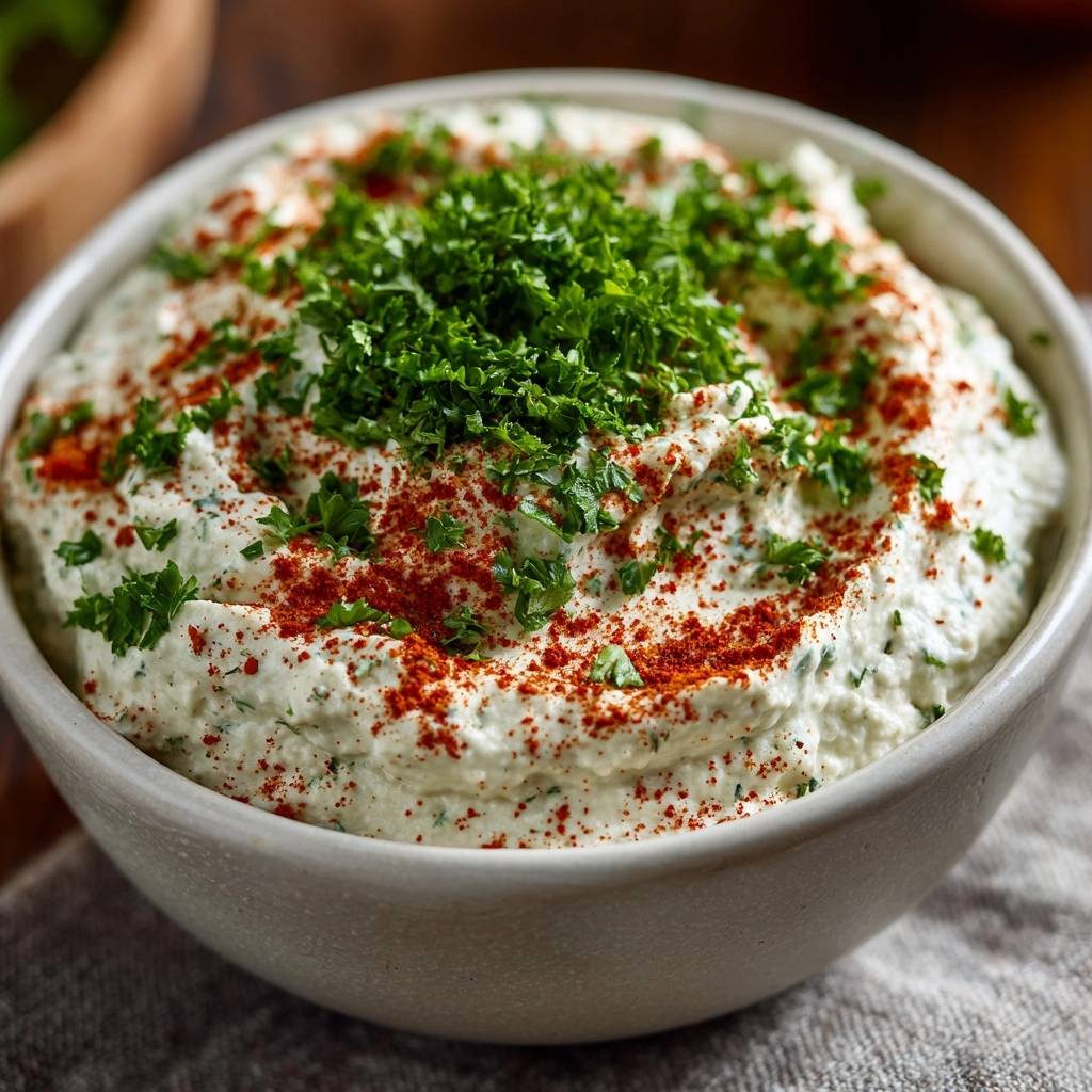 Cremiger Petersilien-Quark-Dip, garniert mit frischer Petersilie und Paprikapulver in einer Schüssel