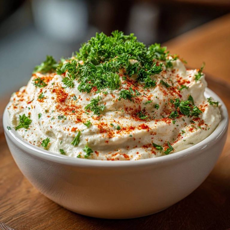Cremiger Petersilien-Quark-Dip, garniert mit frischer Petersilie und Paprikapulver, in einer weißen Schüssel serviert.