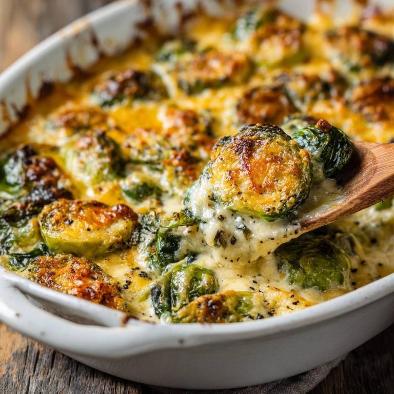 Cremiger Rosenkohl-Käse-Auflauf wird mit einem Holzlöffel aus der Auflaufform gehoben, Nahaufnahme des cremigen Gerichts.