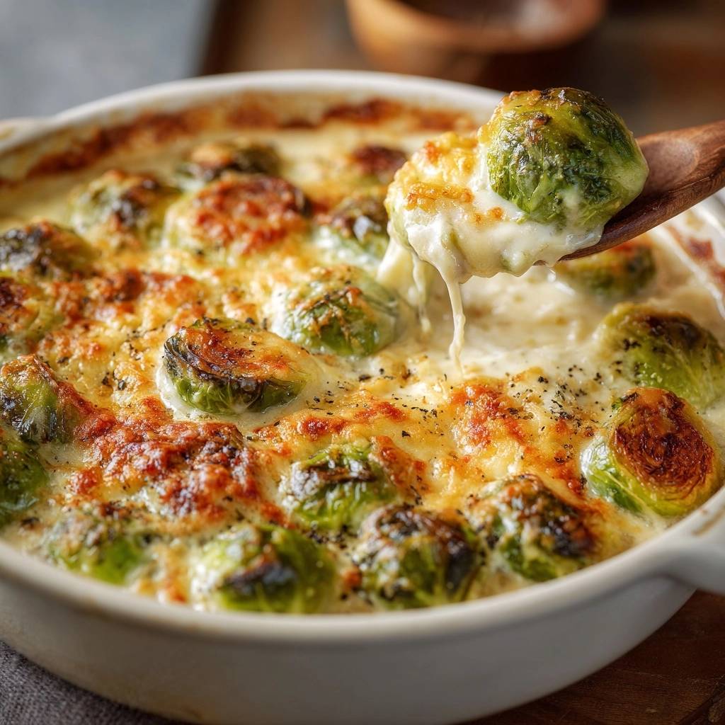 Cremiger Rosenkohl-Käse-Auflauf mit einem Holzlöffel, der einen Bissen cremigen Auflaufs heraushebt.