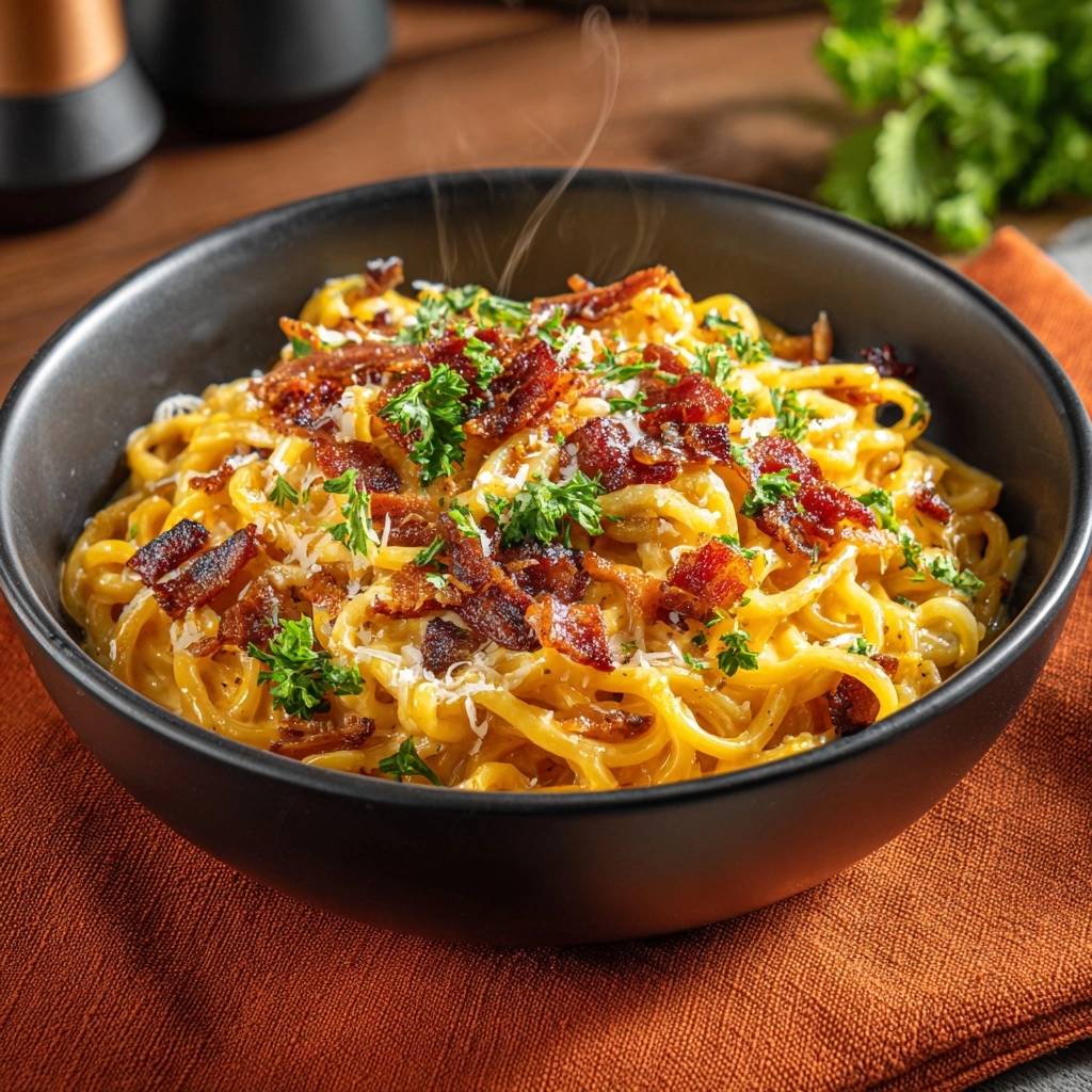 Cremiger Speck-Mac & Cheese, klumpenfrei, garniert mit knusprigem Speck und frischer Petersilie, mit sichtbarem Dampf.