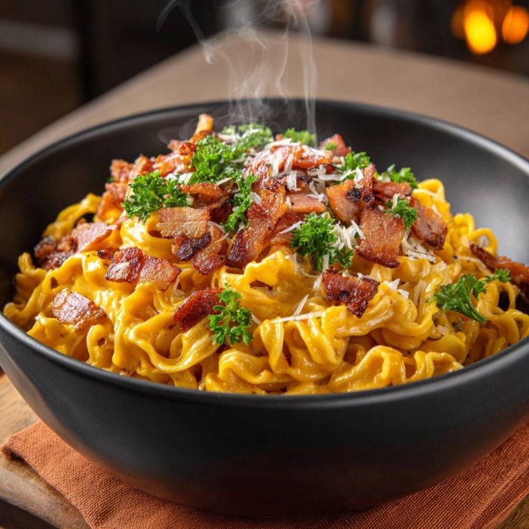 Cremiger Speck-Mac & Cheese klumpenfrei, mit dampfenden Nudeln und knusprigem Speck garniert, nahaufnahme.
