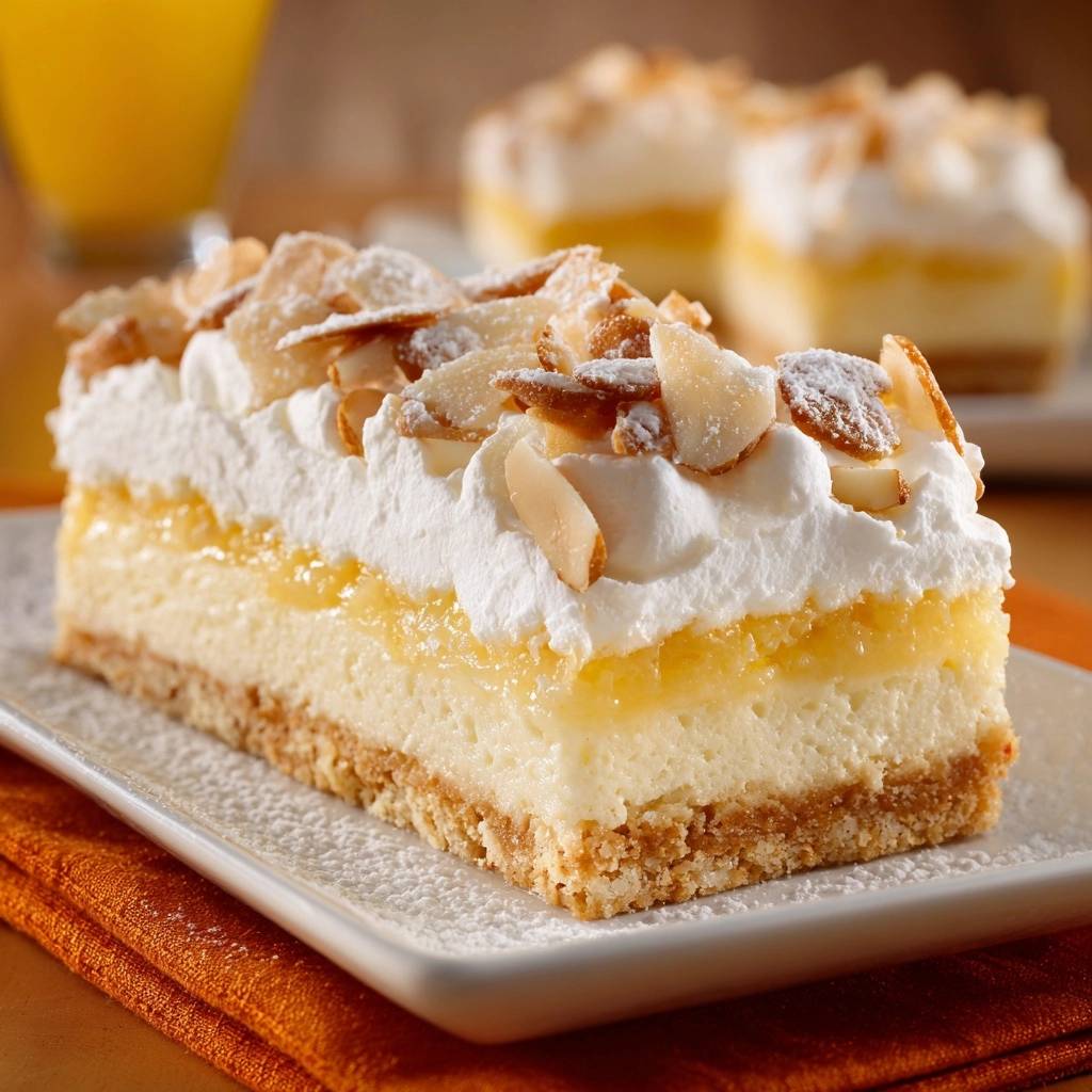 Cremiger Zitronen-Cheesecake mit Mandeln, angeschnitten auf einem weißen Teller, mit einem Stück auf einer Serviette daneben.