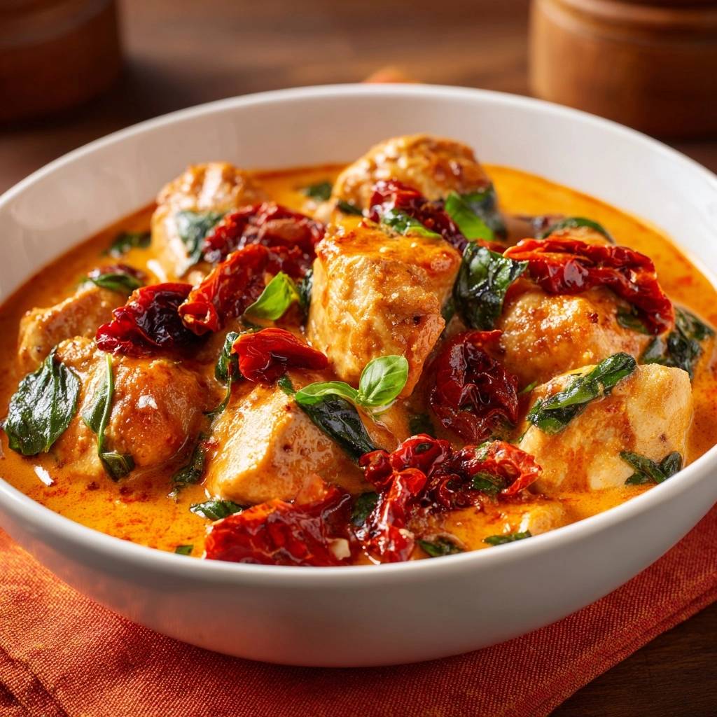 Cremiges Hühnercurry mit Tomaten und Spinat, serviert in einer weißen Schüssel, Nahaufnahme der saftigen Hühnerstücke und der cremigen Soße.