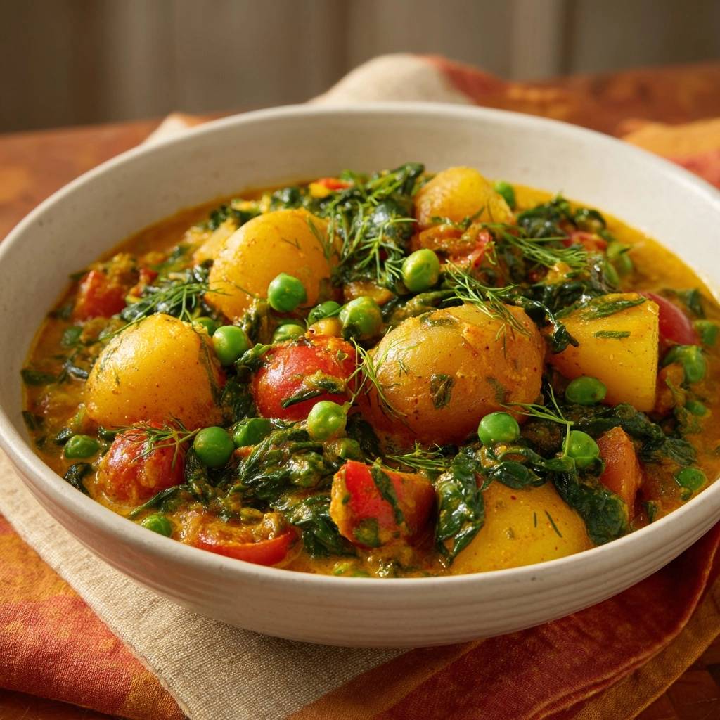 Cremiges Kartoffel-Spinat-Curry mit Erbsen und Dill, serviert in einer Schüssel mit vielen Kartoffeln und Spinat in Nahaufnahme.