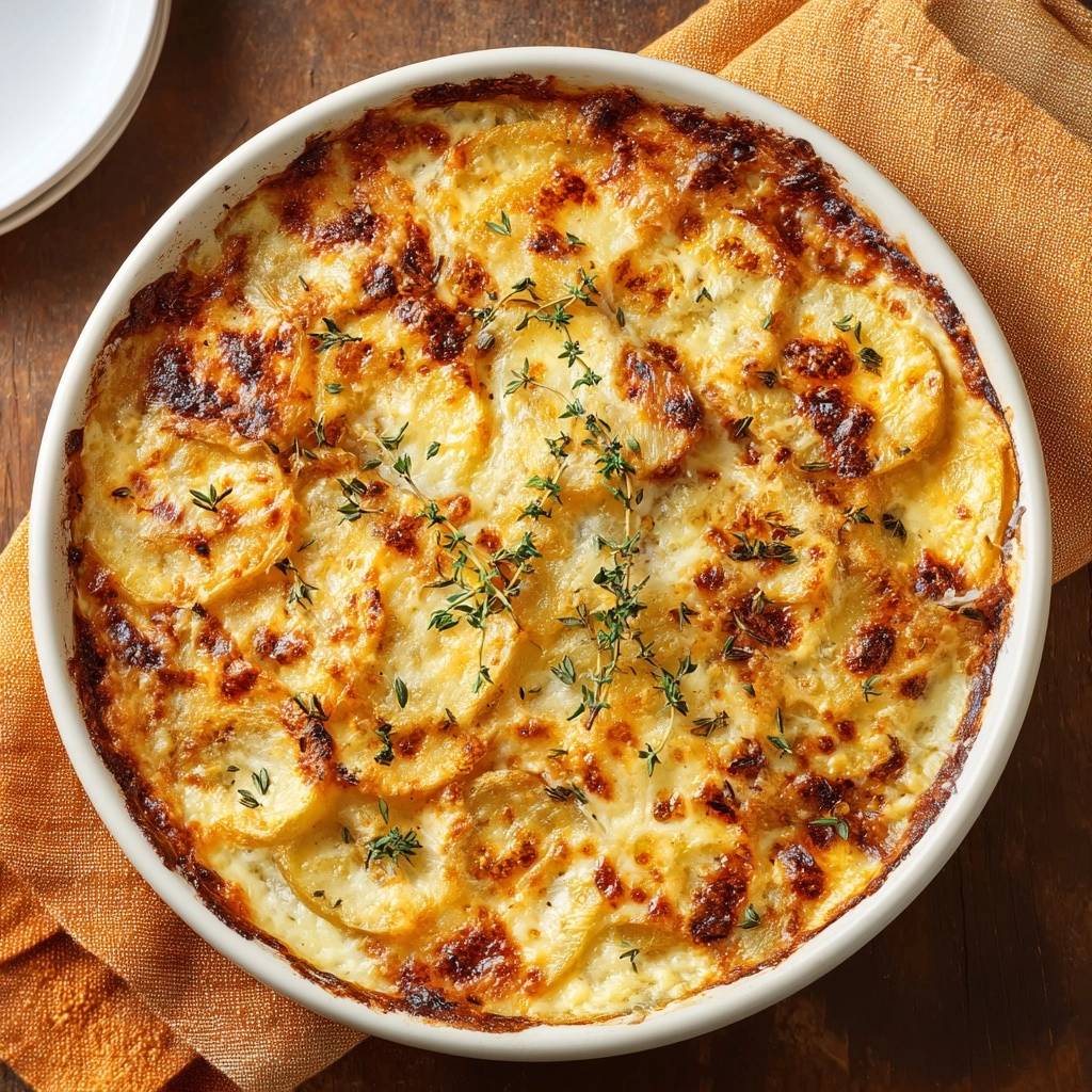 Cremiges Kartoffel-Thymian-Gratin, frisch aus dem Ofen mit Thymian garniert, in einer runden Auflaufform