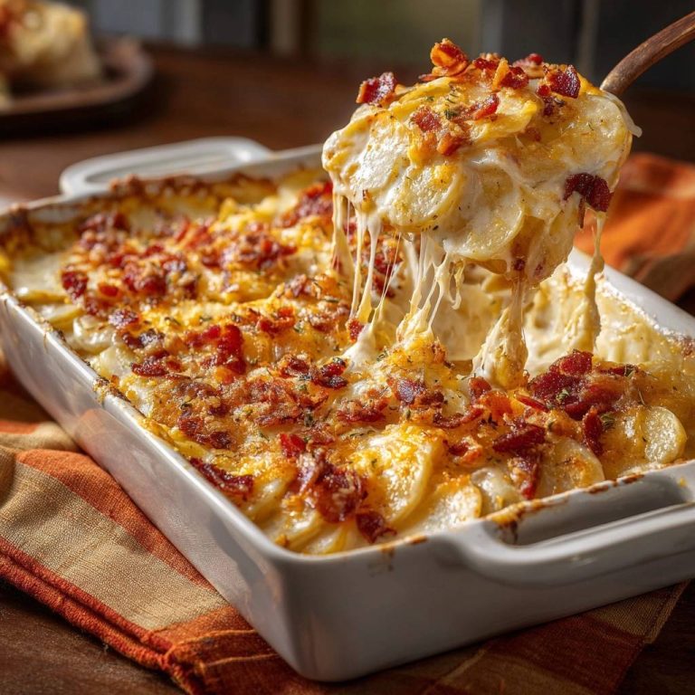 Cremiges Kartoffelgratin mit knusprigem Speck, eine Portion wird mit Käsefäden aus der Auflaufform gehoben.