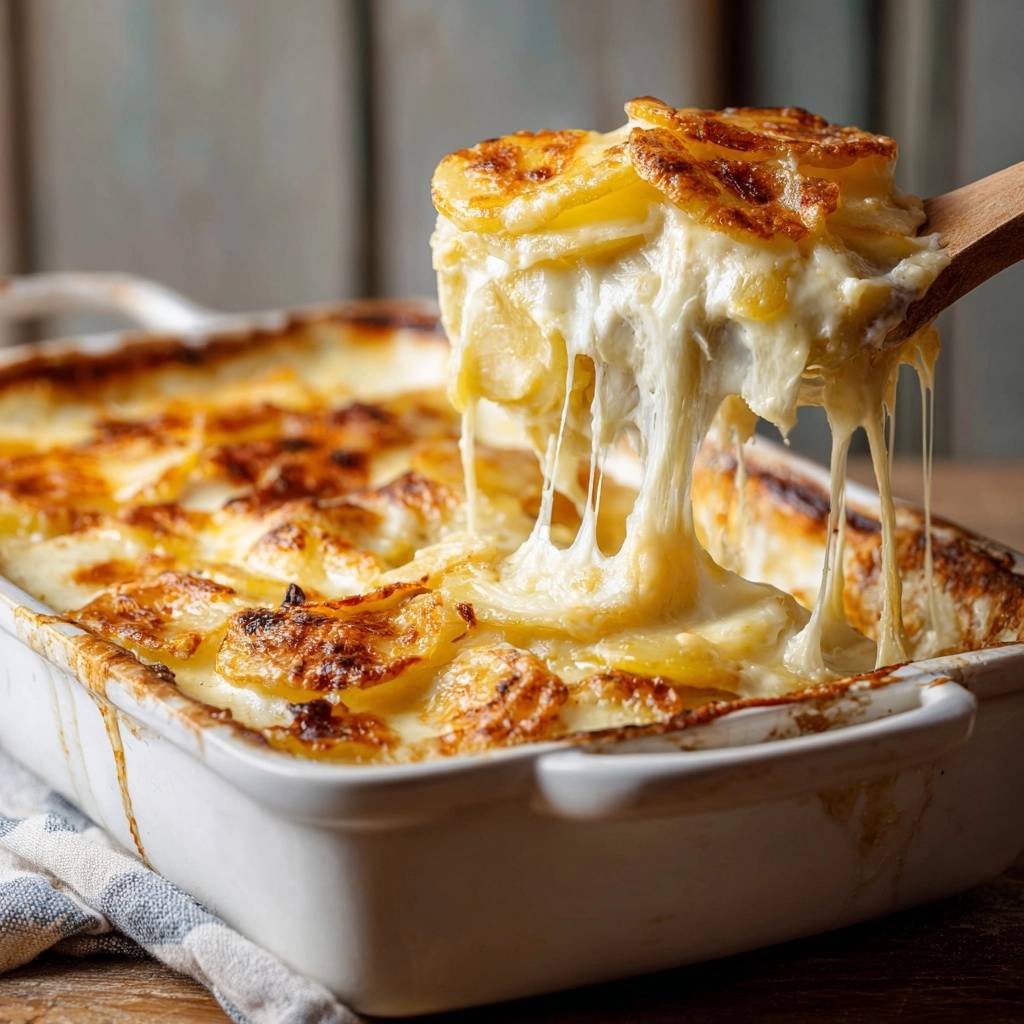 Cremiges Kartoffelgratin, das mit einem Holzlöffel herausgehoben wird und lange Käsefäden zieht.