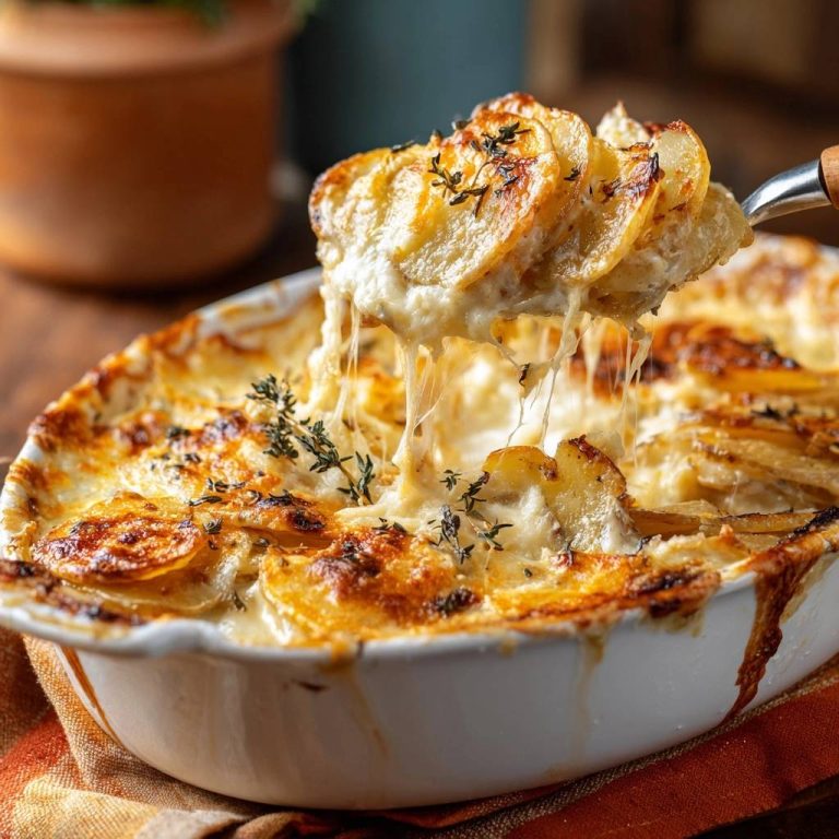 Cremiges Kartoffelgratin mit geschmolzenem Käse, der Fäden zieht, aus einer Auflaufform serviert.