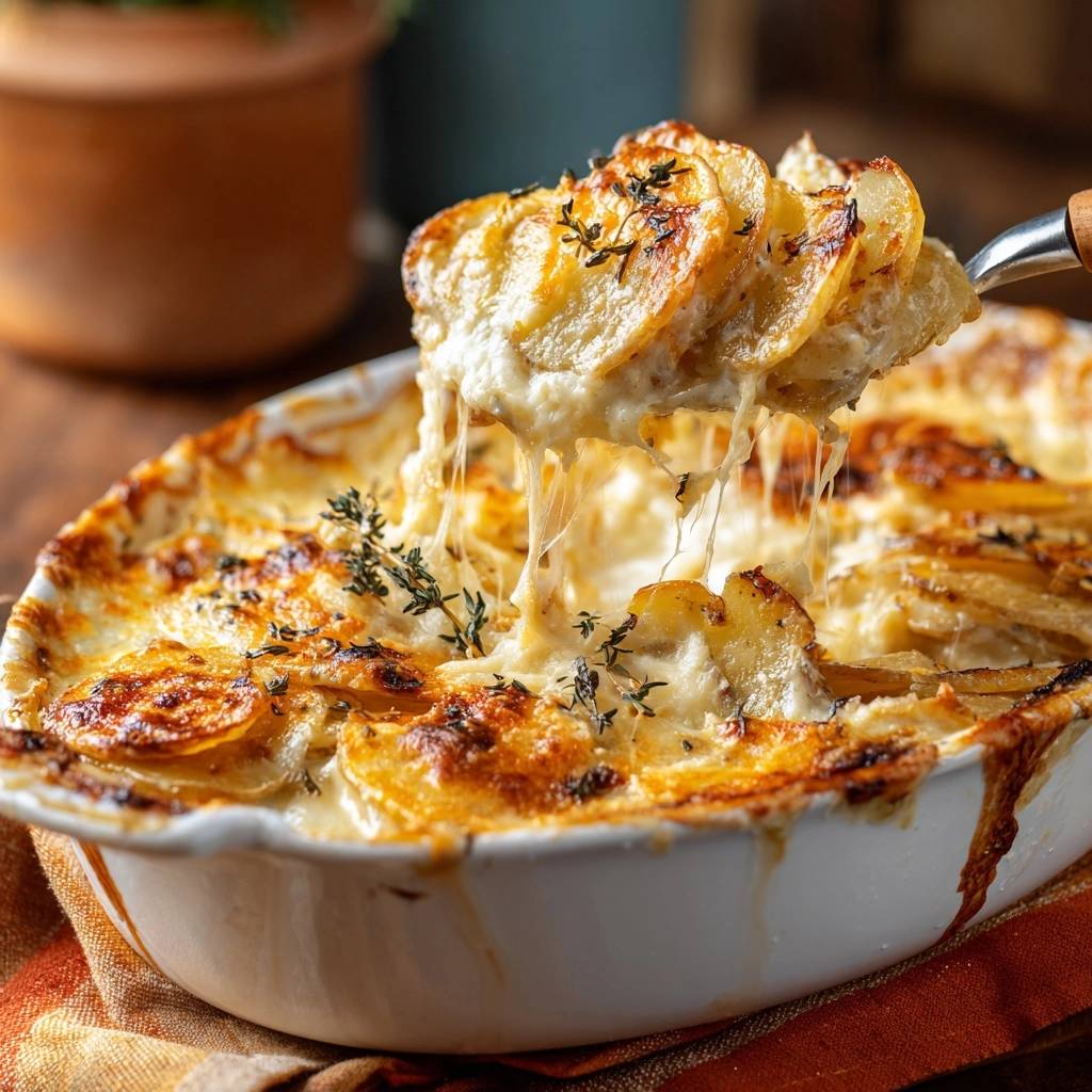 Cremiges Kartoffelgratin mit geschmolzenem Käse, der Fäden zieht, aus einer Auflaufform serviert.