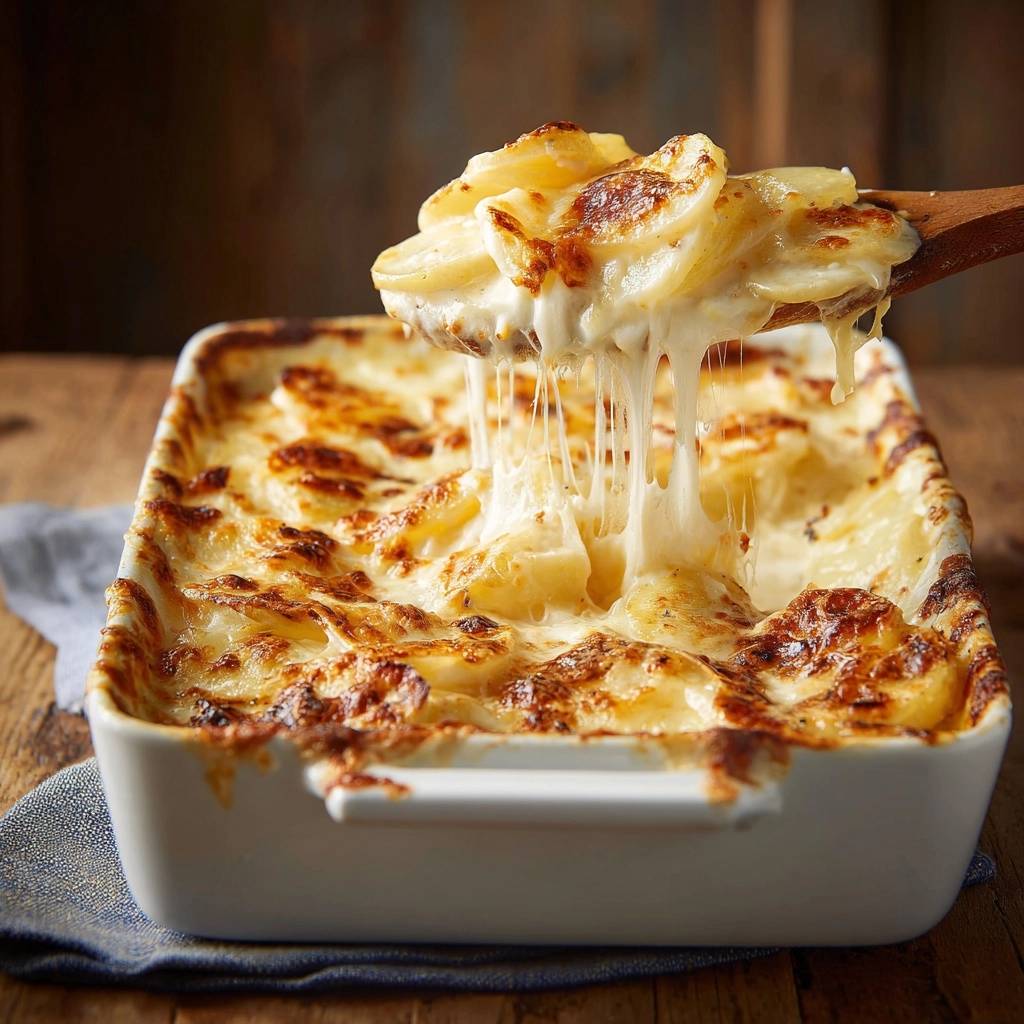 Cremiges Kartoffelgratin mit geschmolzenem Käse, der von einem Holzlöffel heruntergezogen wird.