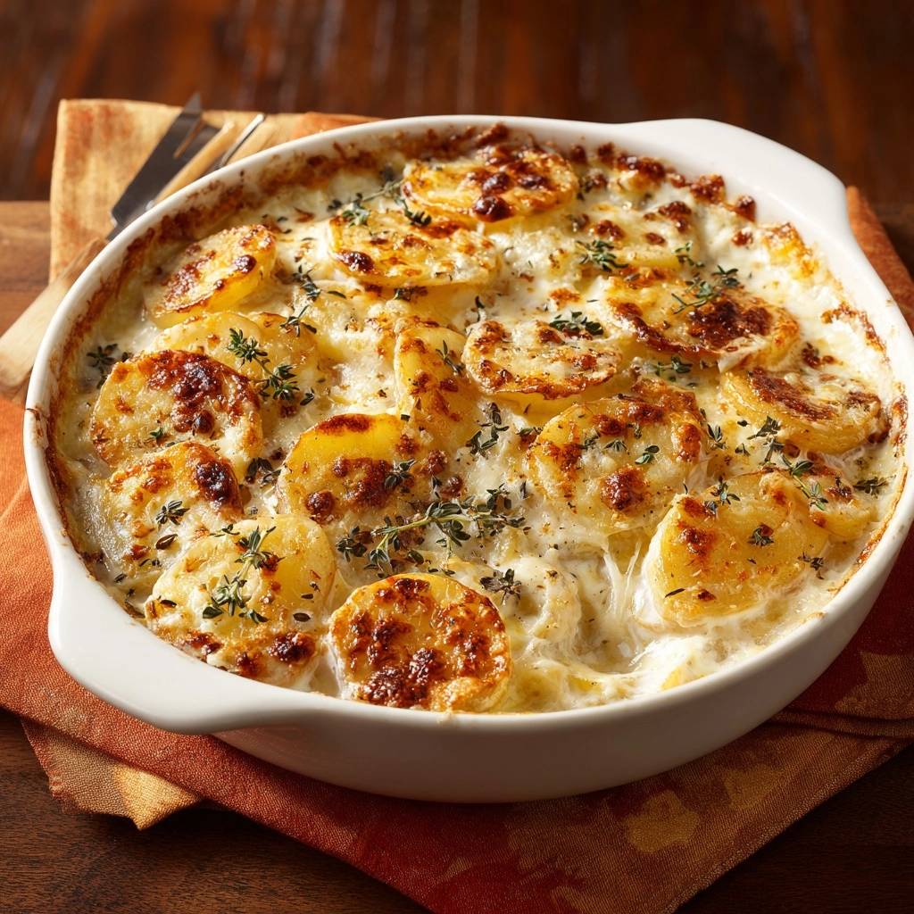 Cremiges Kartoffelgratin, eine Nahaufnahme mit frischen Kräutern garniert, zeigt die goldbraunen Kartoffelscheiben und die cremige Soße.