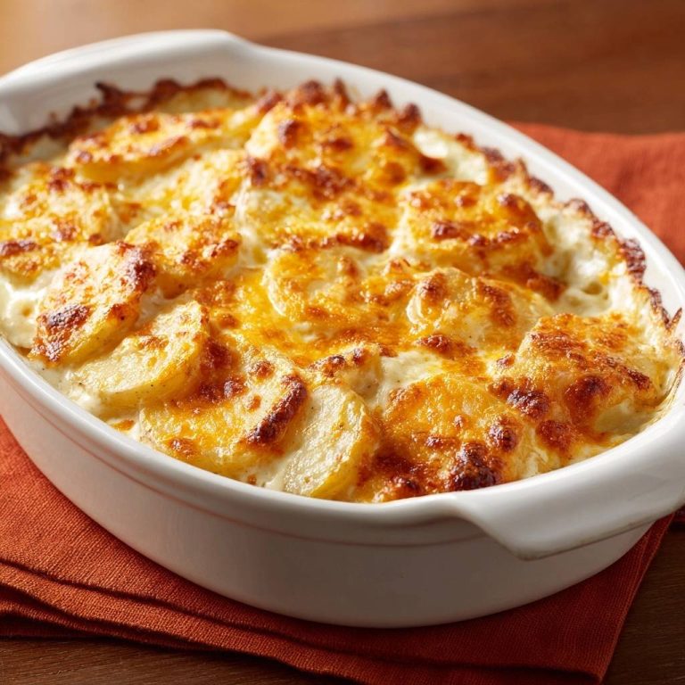 Cremiges Kartoffelgratin in einer Auflaufform, nahaufnahme der goldbraunen Käsekruste auf den Kartoffelscheiben.