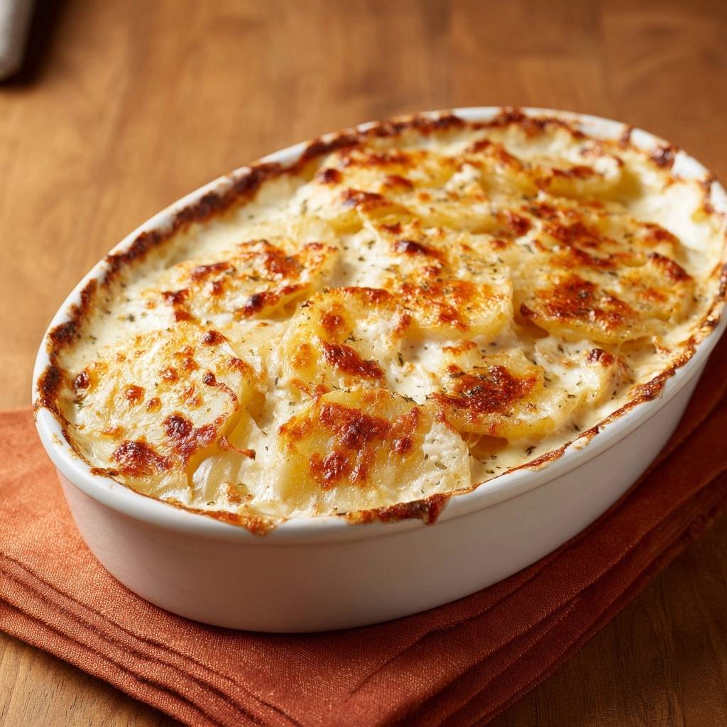 Cremiges Kartoffelgratin mit goldbrauner Käsekruste, nahaufnahme der geschichteten Kartoffelscheiben und cremigen Soße.
