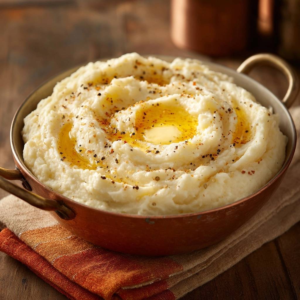 Cremiges Kartoffelpüree mit geschmolzener Butter und Pfeffer, detailreich garniert in einer Kupferschüssel.