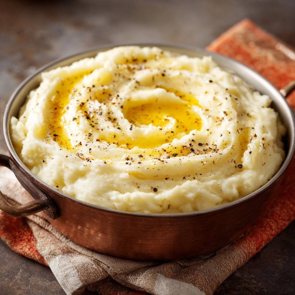 Cremiges Kartoffelpüree mit geschmolzener Butter und Pfeffer in einer Kupferschüssel, Nahaufnahme der Textur.