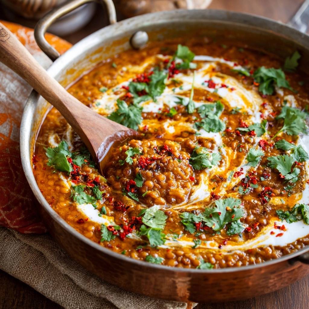 Cremiges Linsen-Dal mit Holzkochlöffel, garniert mit Koriander und Chili, in einer Kupferpfanne serviert.