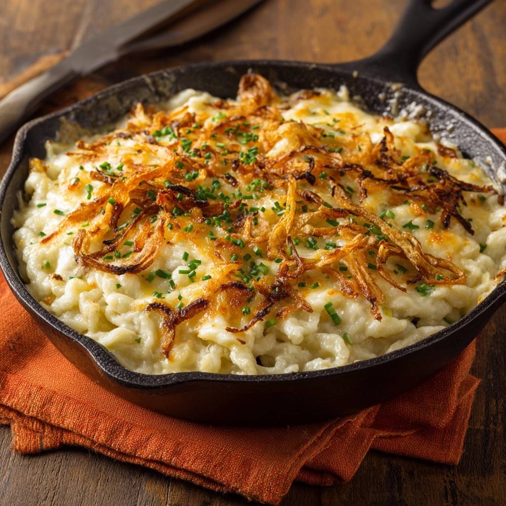 Cremiges Mac and Cheese mit knusprigen Zwiebeln, detailreich garniert mit gebratenen Zwiebeln und frischen Kräutern in einer Gusseisenpfanne.