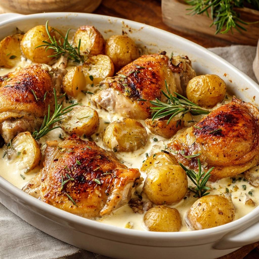 Cremiges Ofenhähnchen mit Rosmarinkartoffeln, serviert in einer Auflaufform mit reichlich cremiger Sauce.