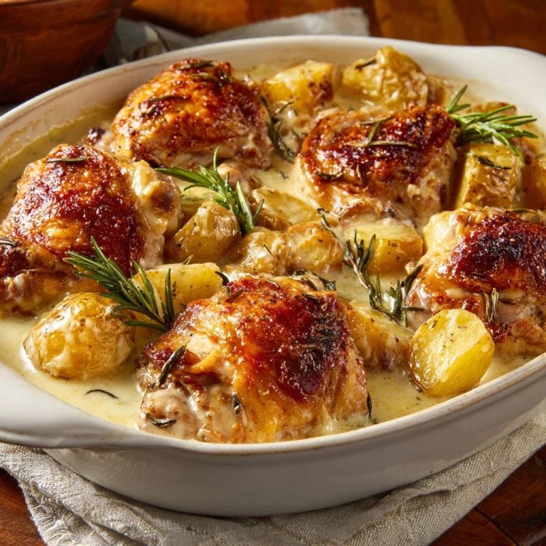 Cremiges Ofenhähnchen mit Rosmarinkartoffeln, nahaufnahme eines saftigen Gerichts mit goldbraunem Hähnchen und Kartoffeln in einer cremigen Sauce.