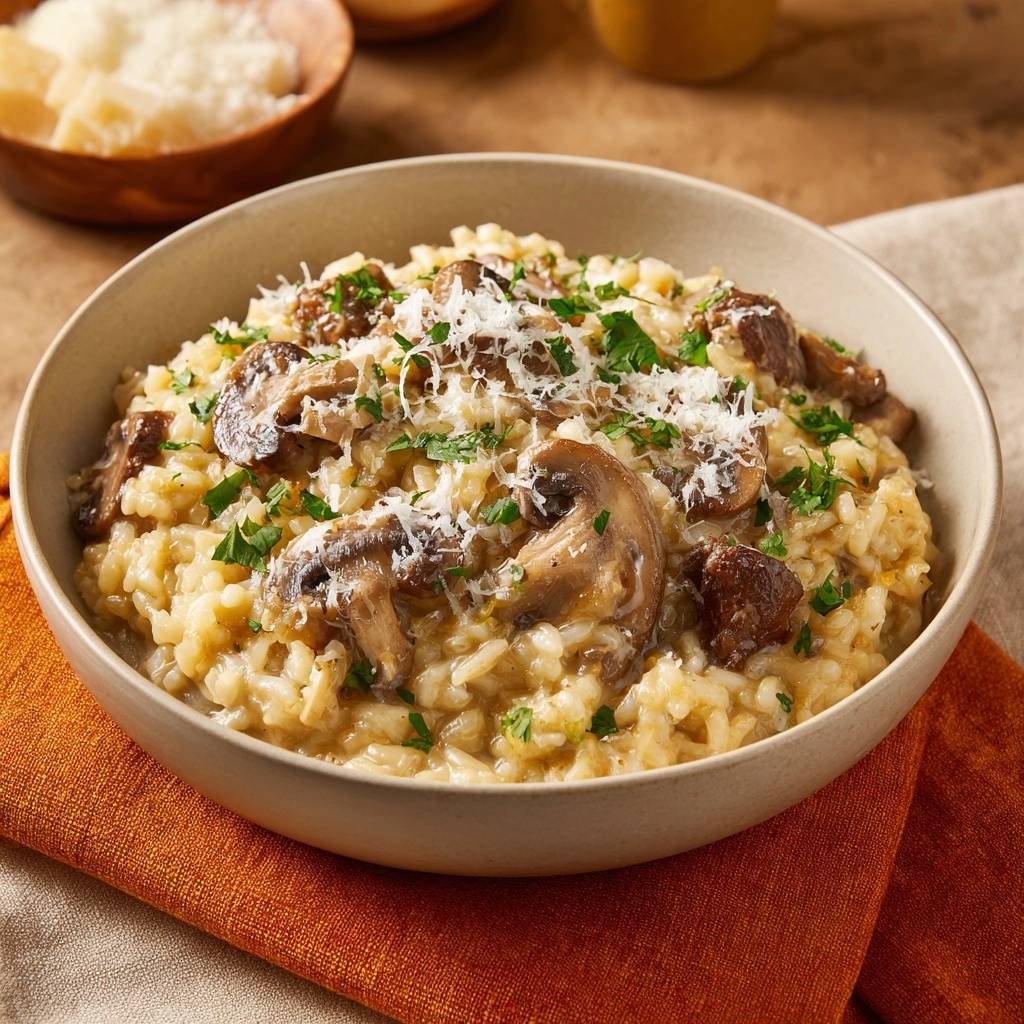 Cremiges Pilzrisotto mit Rindfleisch, eine Nahaufnahme mit frischer Petersilie und geriebenem Parmesan garniert.