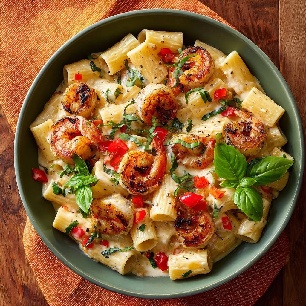 Cremiges Rigatoni mit Garnelen und Paprika, detaillierte Nahaufnahme der Garnelen und der cremigen Sauce.