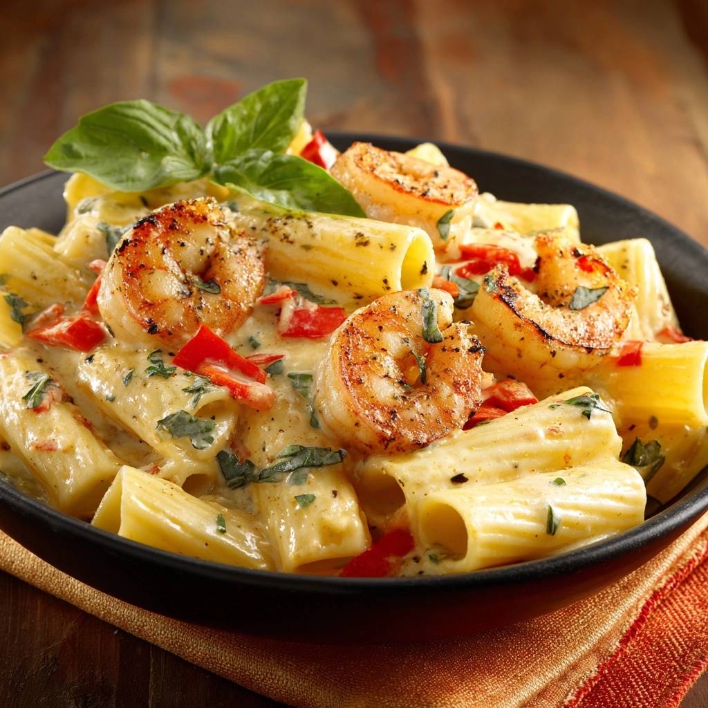 Cremiges Rigatoni mit Garnelen und Paprika als Nahaufnahme mit Garnelen und Basilikum garniert
