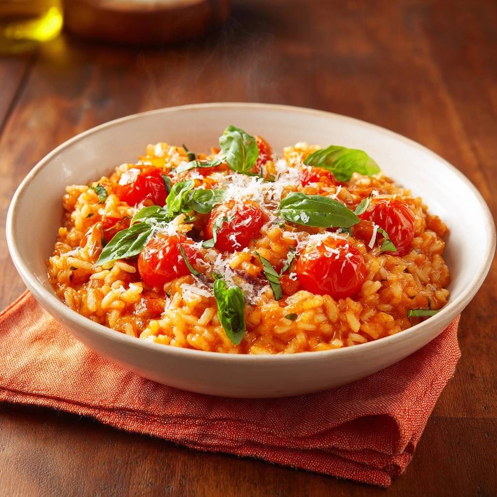 Cremiges Tomatenrisotto garniert mit frischem Basilikum und geriebenem Parmesan, dampfend in einer Schüssel.