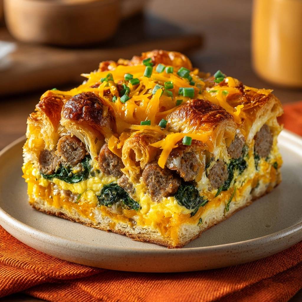 Knuspriger Croissant-Auflauf mit Wurst, Spinat und Cheddar, gezeigt als Anschnitt mit sichtbaren Schichten von Gebäck, Eiern und Füllung.
