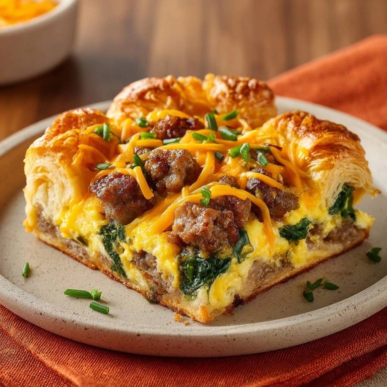 Knuspriger Croissant-Auflauf mit Wurst, Spinat & Cheddar, gezeigt als Nahaufnahme eines angeschnittenen Stücks mit geschmolzenem Käse.