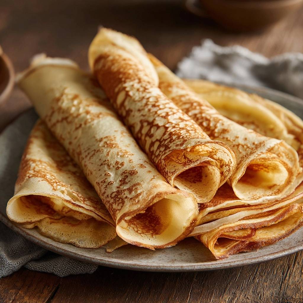 Perfekte dünne Pfannkuchen, eng gerollt auf einem Teller, zeigen eine goldbraune Textur mit leichten Sprenkeln.