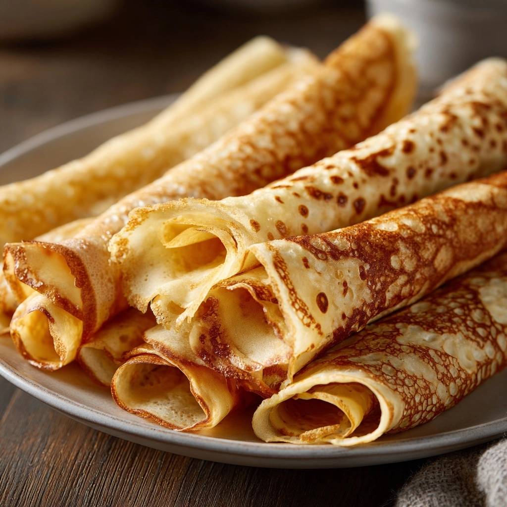 Perfekte dünne Pfannkuchen, auf einem Teller gerollt und nah aufgenommen, mit leicht gebräunten Rändern und einer weichen Textur.