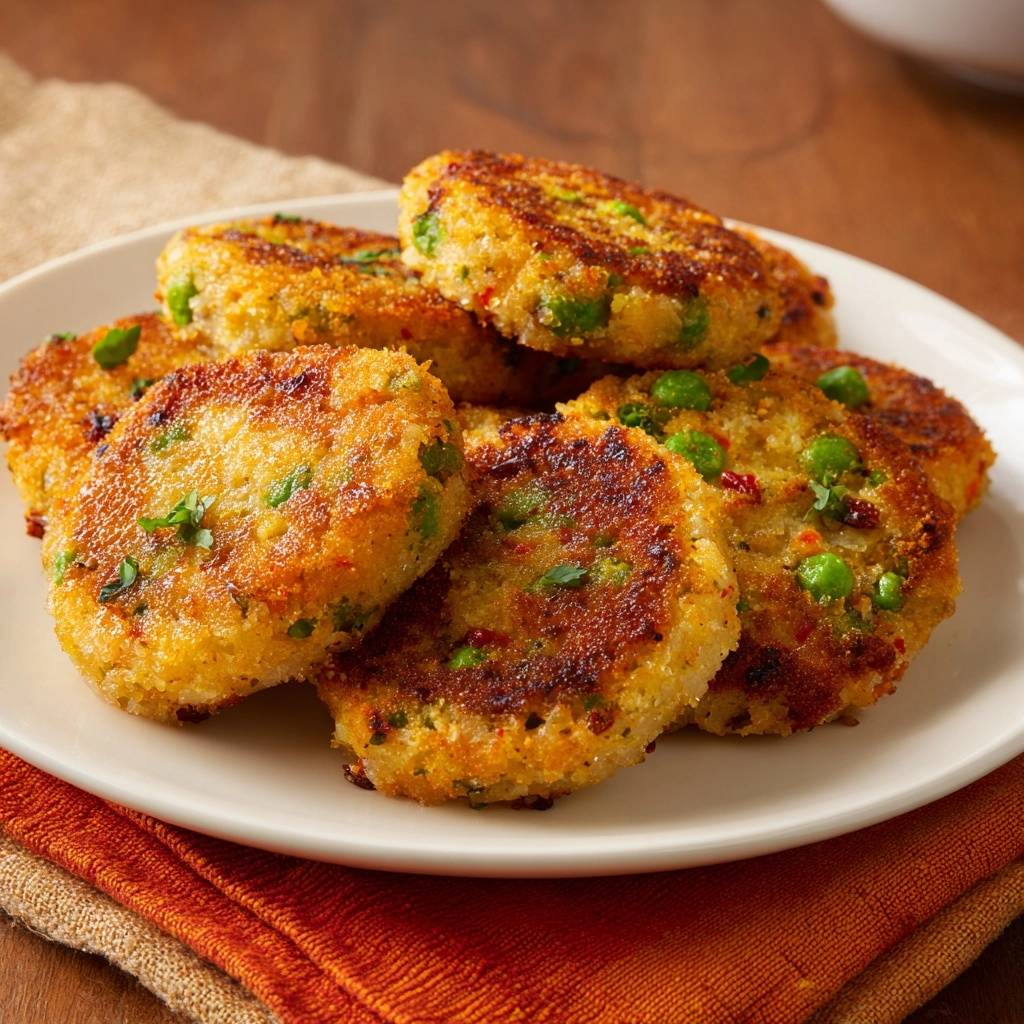 Knusprige Erbsen-Grieß-Cutlets auf einem weißen Teller, nahaufnahme der goldbraunen Oberfläche mit Erbsen und Kräutern.