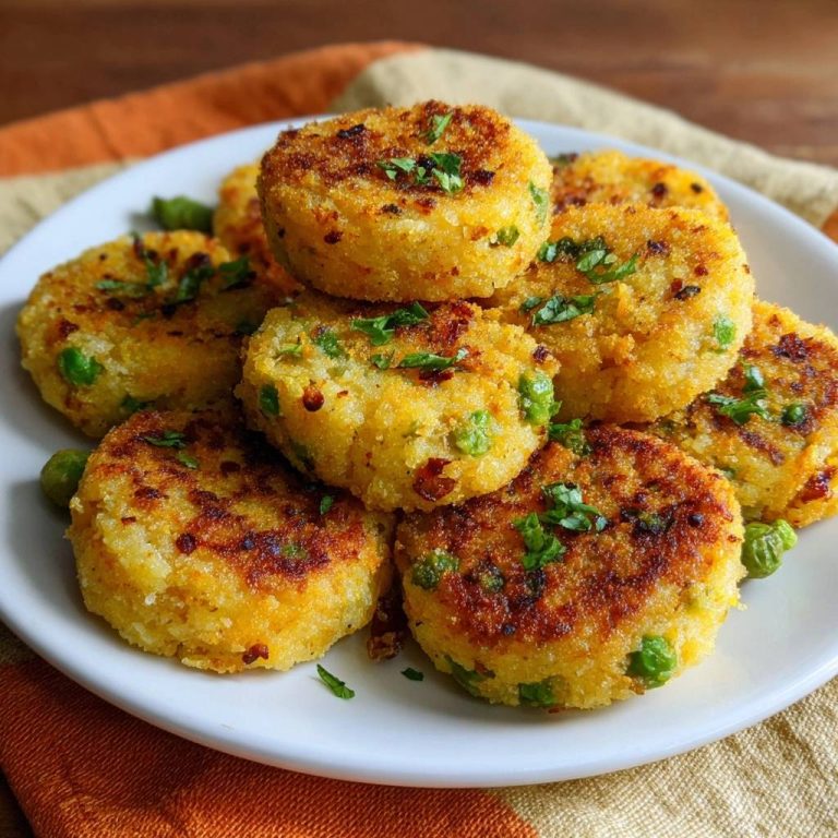 Knusprige Erbsen-Grieß-Cutlets, auf einem weißen Teller zu einem Stapel angerichtet und mit frischer Petersilie garniert.