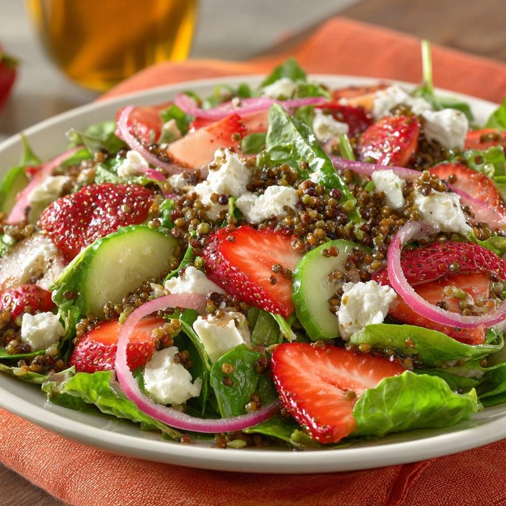 Erdbeer-Feta-Linsen-Salat als Nahaufnahme mit Erdbeeren, Gurke, Feta und roten Zwiebeln auf Salatblättern.